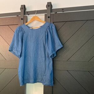 Loft Blouse Top Blue Chambray Denim Short Sleeve Ruffle Puff Short Sleeve M